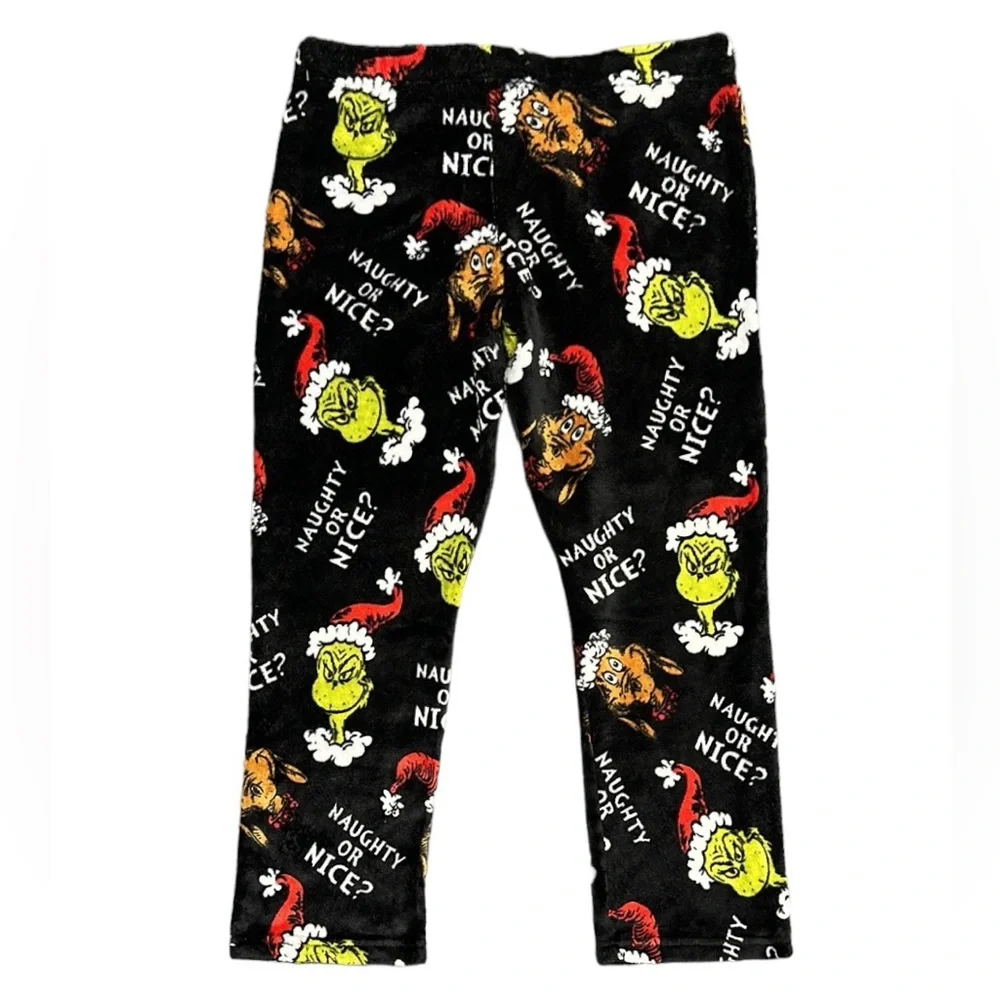 Dr Seuss The Grinch Black Green Fleece PJs Pajama Lounge Pants Size XL 16-18
